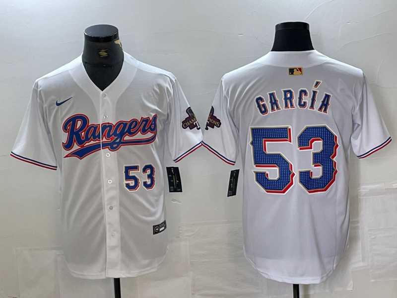 Men%27s Texas Rangers #53 Adolis Garcia Number White 2023 World Series Champions Cool Base Jersey->toronto blue jays->MLB Jersey